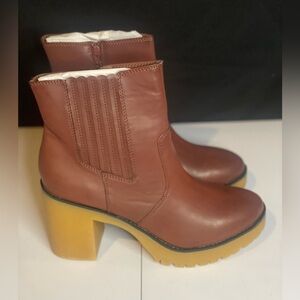 Sun and Stone Lennip Women’s Brown Leather Ankle Boots with Chunky Heel size 11